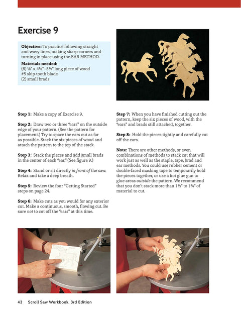 Scroll Saw Workbook Third Edition Top Shelf Beginner Guide showing exercise steps, wood pieces, and cutting instructions.