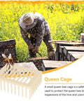 Beekeeping Queen Marker Cage Kit 20 Pack Clip Bee Catcher with beekeeper in apiary, yellow flowers, and hive maintenance scene.