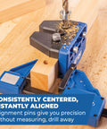 One Half Inch Dowel Jig Upgrade Kit with Hardened Steel Drill Guides in use on a wooden block, demonstrating precise alignment.