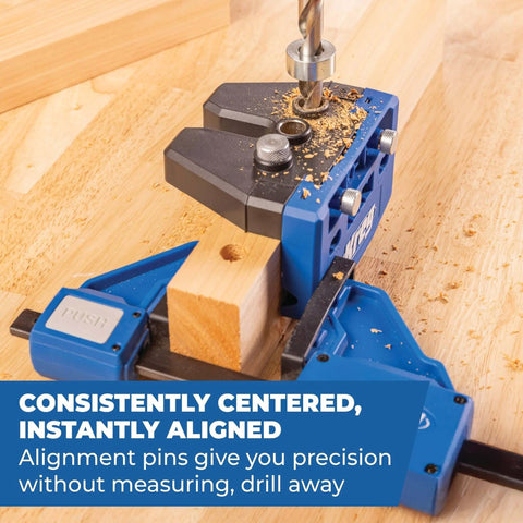 One Half Inch Dowel Jig Upgrade Kit with Hardened Steel Drill Guides in use on a wooden block, demonstrating precise alignment.