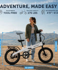 Woman standing with XP Lite2 Folding Electric Bike For Adults, Arctic White, showing size adjustments and features in outdoor setting.