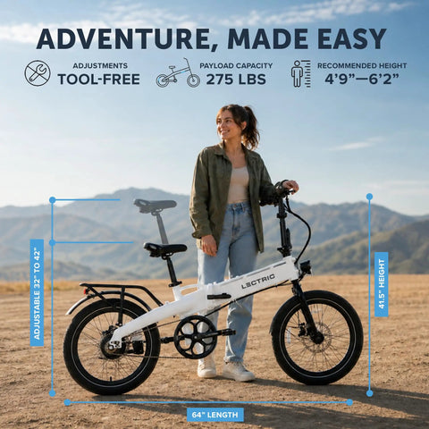 Woman standing with XP Lite2 Folding Electric Bike For Adults, Arctic White, showing size adjustments and features in outdoor setting.