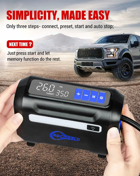 Hella Compact Tire Inflator And Portable Air Compressor Offering Straight Up Lightning Fast 40 Liters Per Minute Fill Rate With An Easy To Read Dual Digital Screen for easy car, bike, and sports equipment use.