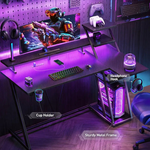 40 Inch Gaming Desk With LED Lights And Built In Power Outlets, L Shaped Corner Desk with lit-up storage shelves and monitor stand