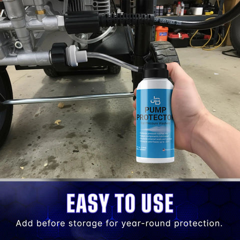 Pressure Washer Pump Saver Antifreeze and Lubricant 4 oz bottle held near pump components in garage setting