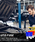 Premium Solid Automotive Fuse Assortment Kit Hella Complete 306 Piece Standard Mini Low Profile Blades With Puller Tester Legit Quick Fix Kit For Cars Trucks Rvs in use at a car repair shop.