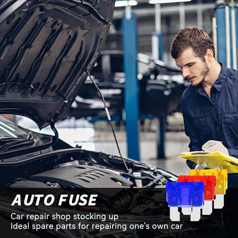 Premium Solid Automotive Fuse Assortment Kit Hella Complete 306 Piece Standard Mini Low Profile Blades With Puller Tester Legit Quick Fix Kit For Cars Trucks Rvs in use at a car repair shop.