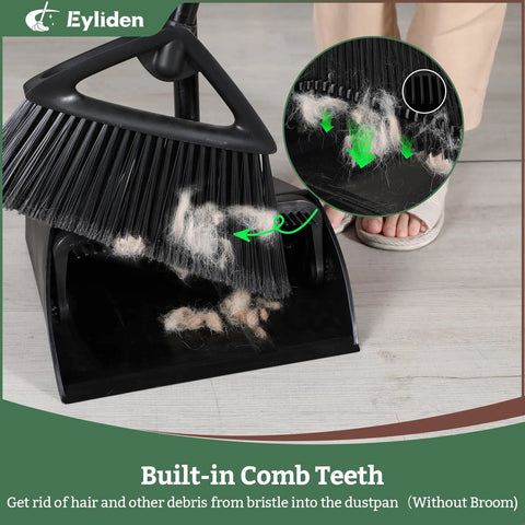 Large Upright Commercial Dustpan With Comb Teeth for hair and debris cleanup shown cleaning broom in use indoors
