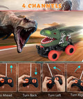 Kid Friendly Dinosaur Remote Control Car For Ages 3 To 7 Totally Fun Dino RC Toy With Shockproof Tires Anti Collision Bumpers Safe Non Toxic For Boys And Girls Gift For Christmas Or Birthday shown in action with remote control directions.