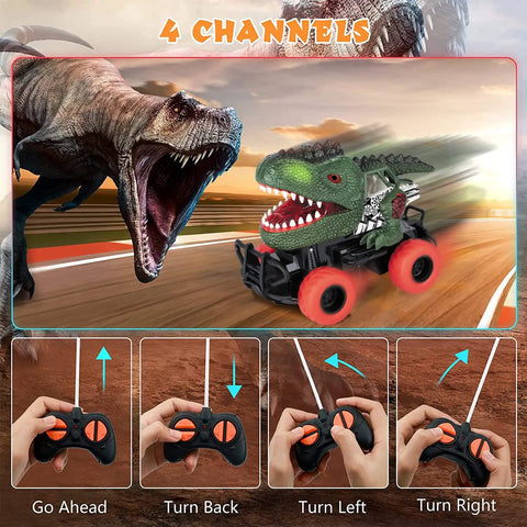 Kid Friendly Dinosaur Remote Control Car For Ages 3 To 7 Totally Fun Dino RC Toy With Shockproof Tires Anti Collision Bumpers Safe Non Toxic For Boys And Girls Gift For Christmas Or Birthday shown in action with remote control directions.