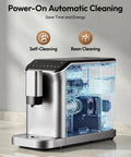 Top Shelf Fully Automatic Espresso Machine With Built In Grinder, 20 Bar Pressure, Smart Touch Display, Quick One Touch Brewing For Smooth Sips, Integrated Milk Frother, 15 Grind Settings, No Brainer Home Setup, Silver with automatic cleaning feature highlighted.