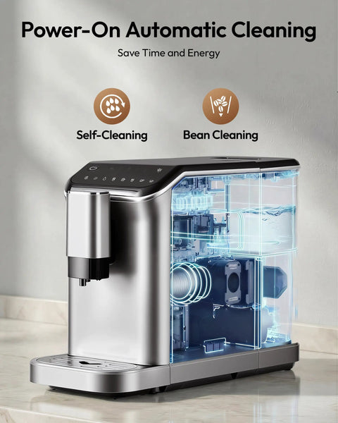 Top Shelf Fully Automatic Espresso Machine With Built In Grinder, 20 Bar Pressure, Smart Touch Display, Quick One Touch Brewing For Smooth Sips, Integrated Milk Frother, 15 Grind Settings, No Brainer Home Setup, Silver with automatic cleaning feature highlighted.