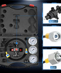 Open case showing Upgraded Nitrogen Charging Kit With 3 Gauges 100 To 400 Bar 1500 To 6000 PSI, couplings, hose, and CGA580 adapter.
