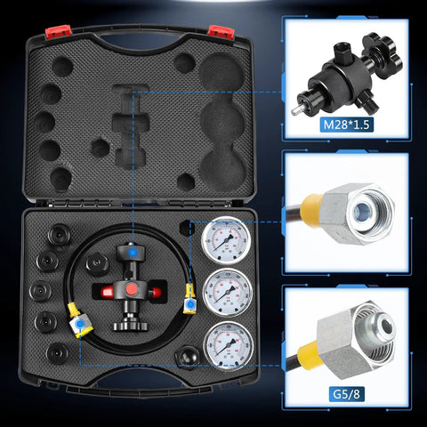 Open case showing Upgraded Nitrogen Charging Kit With 3 Gauges 100 To 400 Bar 1500 To 6000 PSI, couplings, hose, and CGA580 adapter.