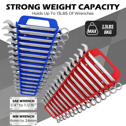 Magnetic Wrench Organizer With Non Slip Handle 24 Slot Pro Grade Heavy Duty Rack in red and blue for wrench storage