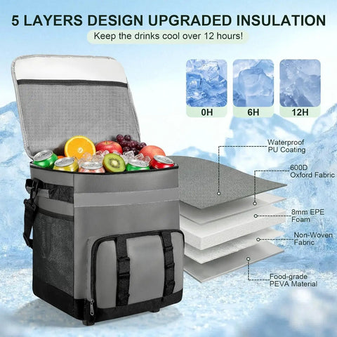 60 Can Rolling Cooler Bag With Wheels Leakproof Insulated Soft Cooler showing insulation layers and open top with drinks