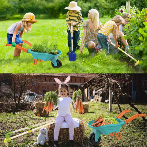 Kids Gardening Set With Wheelbarrow For Ages 3 To 8 Real Metal Garden Tools 14 Piece Outdoor Kit children playing in garden