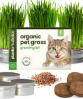 Indoor Cat Grass Kit For Healthy Cats With Three Complete Organic Planter Kits shown with cat grass, tins, seeds and pellets.