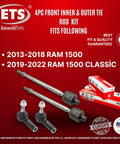 Ram 4 Piece Inner Outer Tie Rod End Kit Fits 2019 2022 Ram 1500 Classic and 2013 2018 Ram 1500 on red background