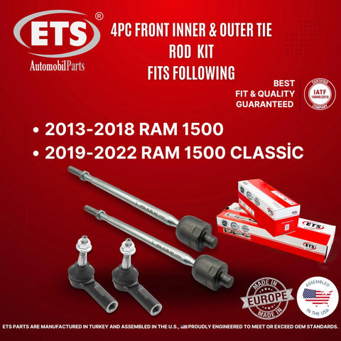 Ram 4 Piece Inner Outer Tie Rod End Kit Fits 2019 2022 Ram 1500 Classic and 2013 2018 Ram 1500 on red background