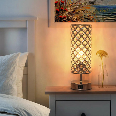 Crystal Touch Table Lamps Set of 2 With USB C and USB A Charging Ports beside a bed