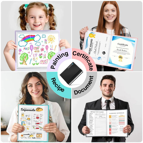 Collage of people holding documents in a 72 Pocket Binder With Clear Sheet Protectors And Elastic Band, Big Capacity 8.5x11 Presentation Book For Office And School, Art Portfolio Folder That Holds 144 Pages, Easy Display Book For Documents And Projects.