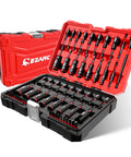 55 Piece Magnetic Impact Nut Driver Kit with deep and shallow sockets in open red and black case, for drills and wrenches.