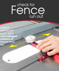A Line It Deluxe Table Saw Alignment Tool With Digital Dial Indicator measuring fence run-out with hand positioning guide.