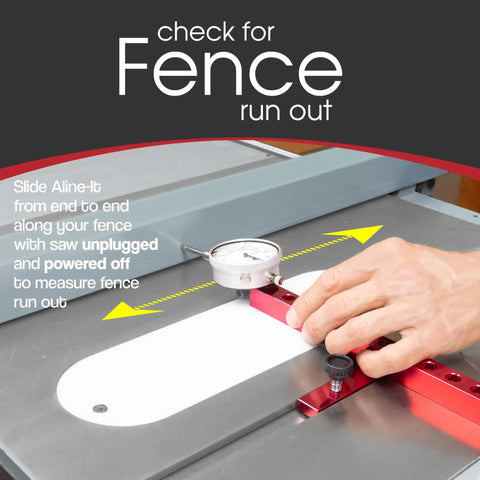 A Line It Deluxe Table Saw Alignment Tool With Digital Dial Indicator measuring fence run-out with hand positioning guide.
