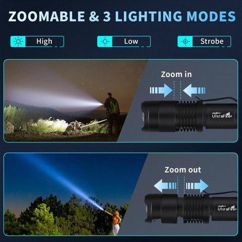 5 Pack SK68 Tactical Flashlights, 7W LED, 3-Mode Pocket Torch illustrating zoomable focus and lighting modes.