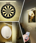 Wireless Rechargeable Picture Light illuminating dartboard, artwork, and bathroom mirror with 16 inch head, dimmable brightness