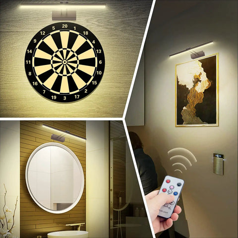 Wireless Rechargeable Picture Light illuminating dartboard, artwork, and bathroom mirror with 16 inch head, dimmable brightness