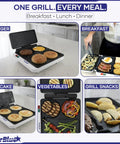 StarBlue 2-in-1 Indoor Electric Grill And Press With Non Stick Griddle Surface For Burgers And Breakfast showing burgers, pancakes, and grilled vegetables.