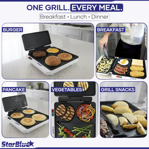 StarBlue 2-in-1 Indoor Electric Grill And Press With Non Stick Griddle Surface For Burgers And Breakfast showing burgers, pancakes, and grilled vegetables.