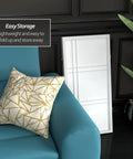 Folded Portable Three Panel White Shoji Screen With Rice Paper And Spruce Wood Frame next to blue sofa, easy storage option.