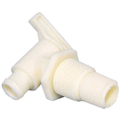 Dual Size RV Drain Valve With 3/8 Or 1/2 Inch Male NPT, Durable Plastic, Universal Fit, shown in a close-up angle
