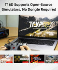 Laptop displaying drone simulator connected to 16 Channel RC Transmitter And R16F Telemetry Receiver With Pro Grade Multi Protocol