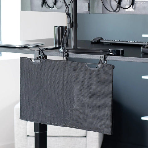 30 Inch Clamp On Desk Skirt With Privacy Panel And Cable Management System attached to black desk, cables tucked for quiet space.
