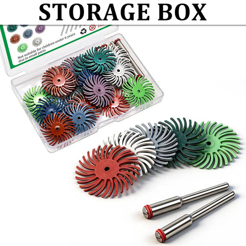 Heavy Duty Diamond Radial Bristle Disc Kit With 3mm Shank For Rotary Tools 30 Piece Flexible Nylon Abrasive Brush Set in storage box.