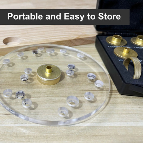 11-piece brass router template bushing set with 1/4 in shank and carrying case for Porter-Cable style routers.