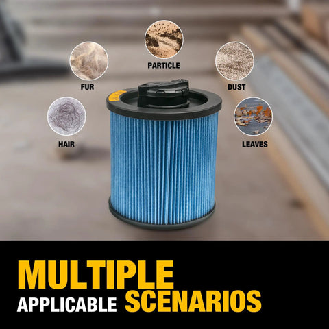 HEPA Vacuum Filter Replacement DXVC6912 For 6-16 Gallon Wet Dry Shop Vacuums surrounded by particle, dust, leaves, fur, hair