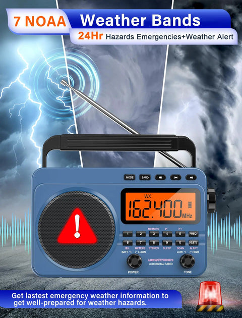 Portable AM FM Shortwave Radio With NOAA Weather Alert, 4000mAh Rechargeable Battery, Big Speaker, digital tuner display