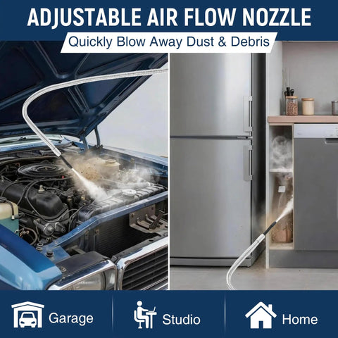 High Pressure Air Blow Gun With 39 Inch Flexible Extension Hose And Adjustable Rotating Nozzle in use under car hood and in home.