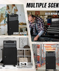Rolling Garage Tool Organizer With Detachable Three Drawer Chest Large Storage Cabinet And Adjustable Shelf Black Heavy Duty Steel Built For Quick Portable Workshop Organization displayed in various settings.