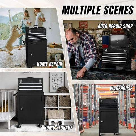 Rolling Garage Tool Organizer With Detachable Three Drawer Chest Large Storage Cabinet And Adjustable Shelf Black Heavy Duty Steel Built For Quick Portable Workshop Organization displayed in various settings.