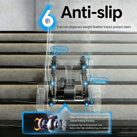 Heavy Duty 400W 500W Electric Stair Climbing Dolly With Motorized Wheels Handles 440 Pounds on stairs showing anti-slip rubber tracks.