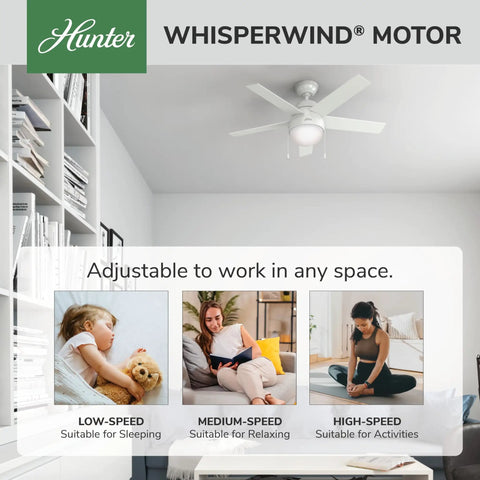 46 Inch Indoor Ceiling Fan With LED Light, White Finish, Five Blades, shown in living room with WhisperWind motor