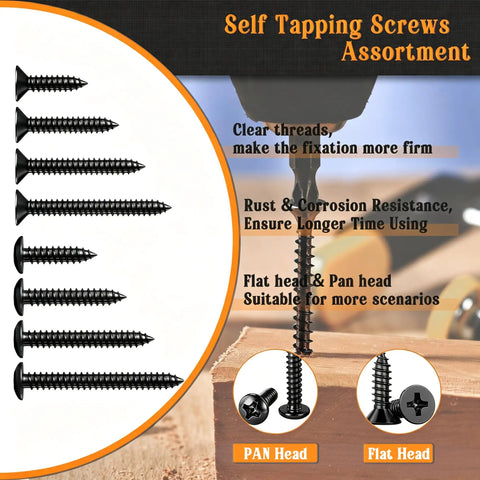 Heavy Duty 288 Piece Black Wood And Sheet Metal Screws Kit, Sizes 4 6 8 10, Phillips Pan And Flat Heads, Marine Grade