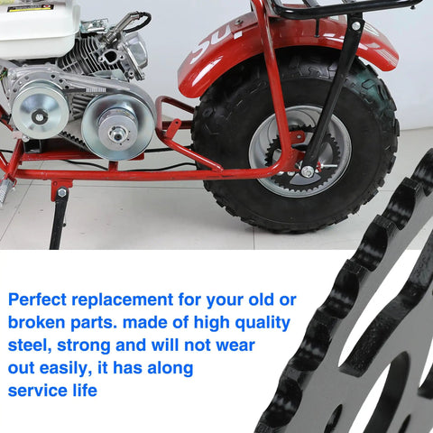 40T Beefy Mini Bike Sprocket With 40mm Bore installed on a red mini bike with visible 4-bolt mount and drive chain mechanism