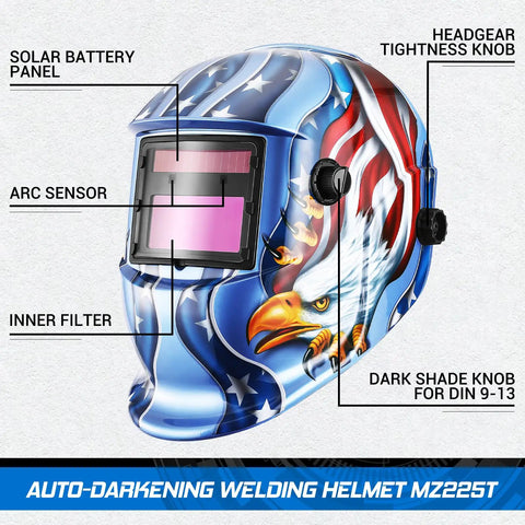 Auto Darkening Welding Helmet With True Color View Solar Powered Welder Mask Pro Grade Boss Level 3.62 By 1.65 Inch Viewing Window Fast 1/25000 Sec Shade Transition Compatible With MMA MIG TIG Blue Eagle Finish
